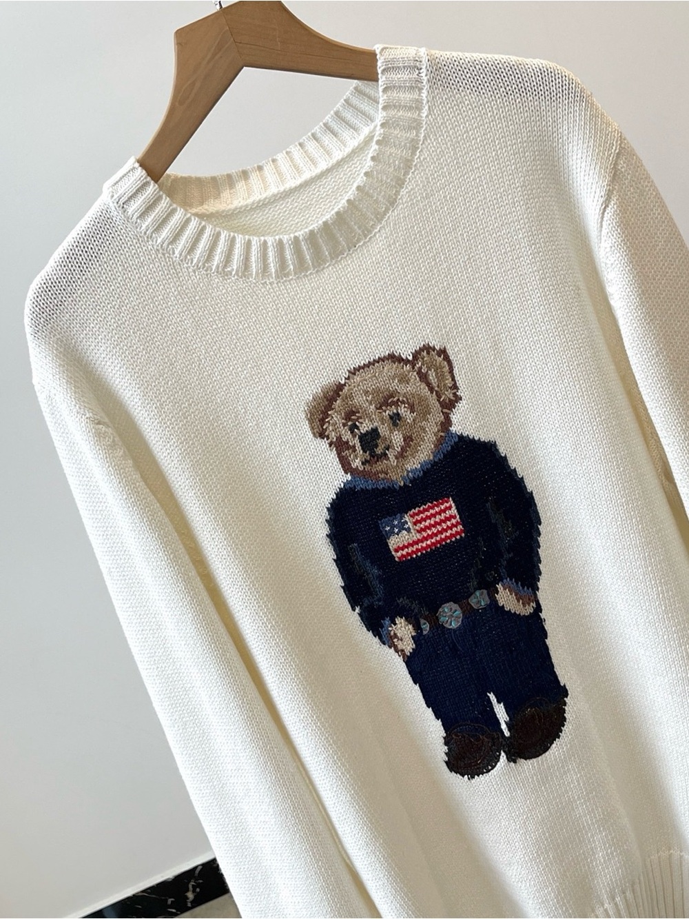 Polo by Ralph Lauren Cream Crewneck Sweater with Bear Intarsia